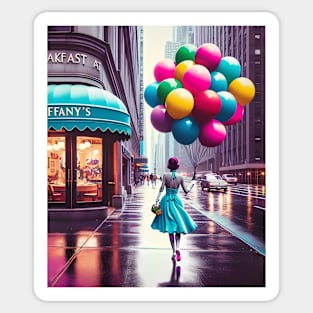 Retro 50s New York Woman with Colorful Balloons Sticker